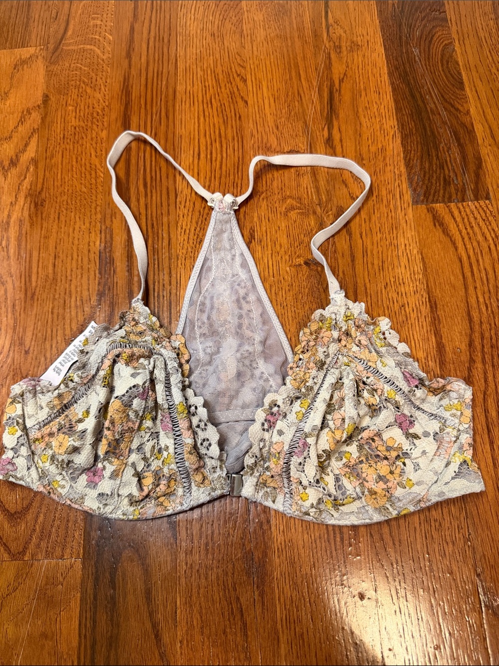 Victoria’s Secret Floral Lace Bra front clasp in tan with Pink & Yellow Accents